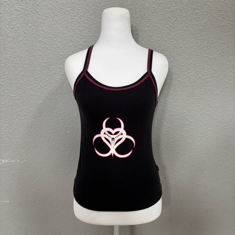 Black Tank Top with Pink Biohazard Graphic and Trim
